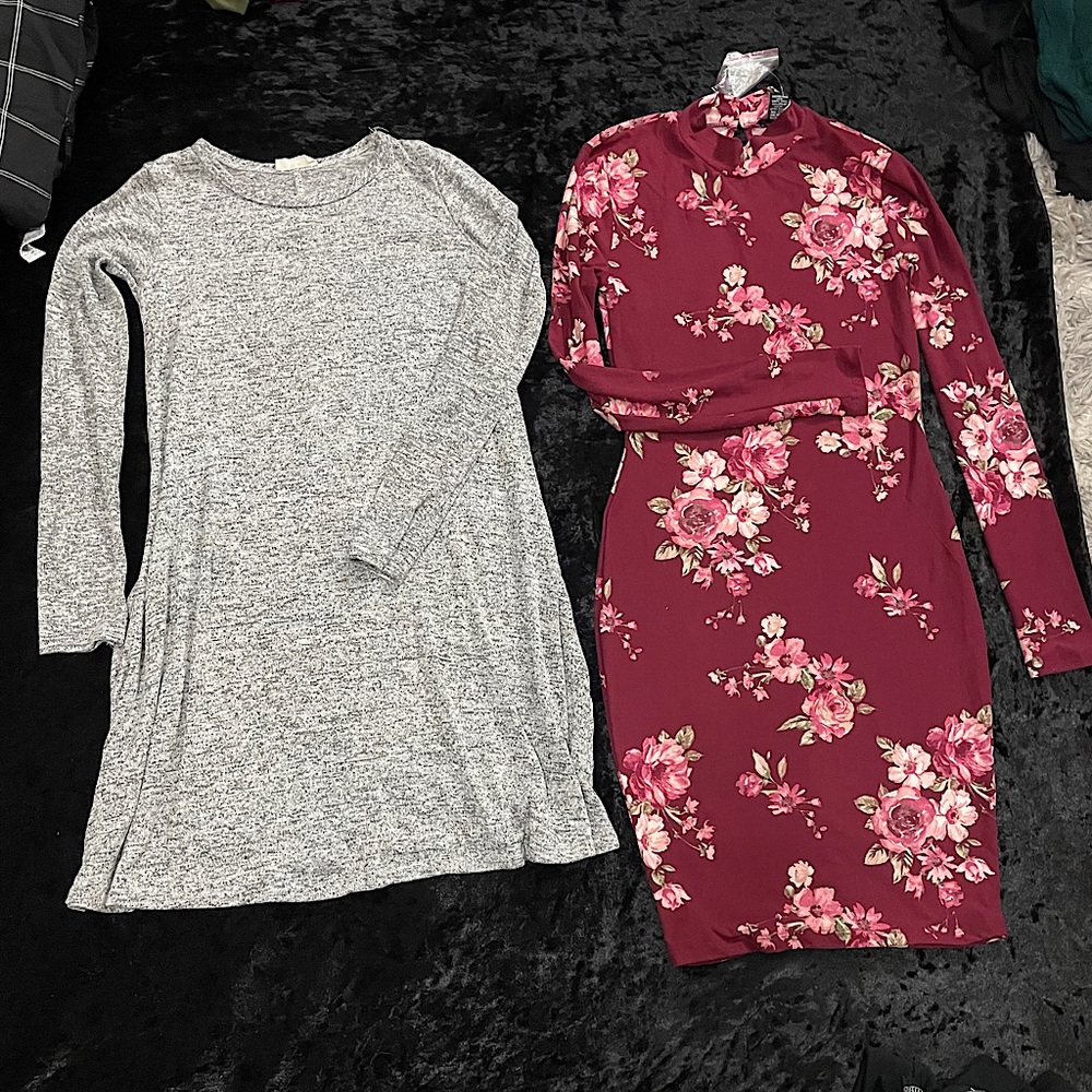 Grey dress and burgundy floral dress